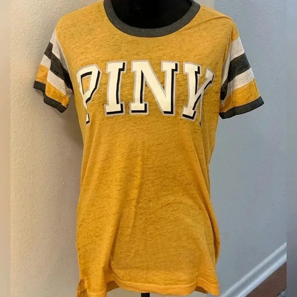 PINK Victoria's Secret Tops - PINK Victoria’s Secret Yellow & Grey Jersey Style Short Sleeve